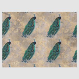 Teal Peacocks on Gold Decoupage Tissue Paper