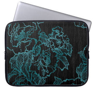 Teal Peonies on Elegant Black Laptop Sleeve