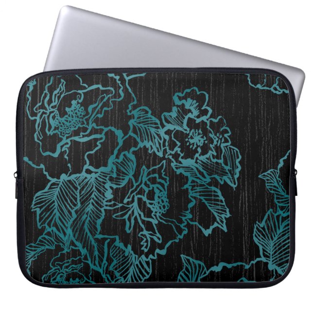 Teal Peonies on Elegant Black Laptop Sleeve (Front)