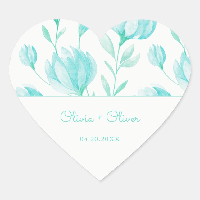 Teal Peonies Wedding Heart Sticker (Front)