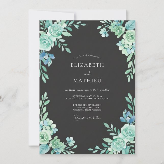 Teal Peony Charcoal Wedding Invitation (Front)