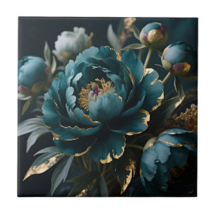Teal Peony Gold Luxe Botanical Bloom Ceramic Tile
