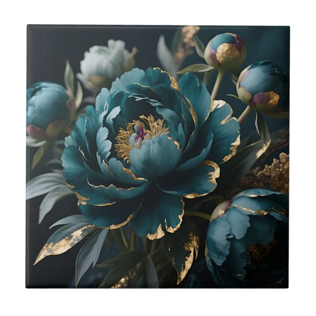 Teal Peony Gold Luxe Botanical Bloom Ceramic Tile (Front)