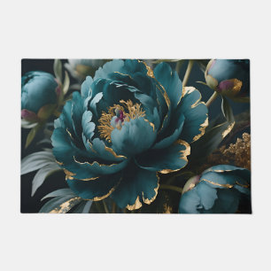 Teal Peony Gold Luxe Botanical Bloom Doormat