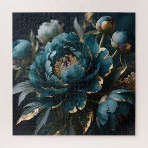 Teal Peony Gold Luxe Botanical Bloom Jigsaw Puzzle