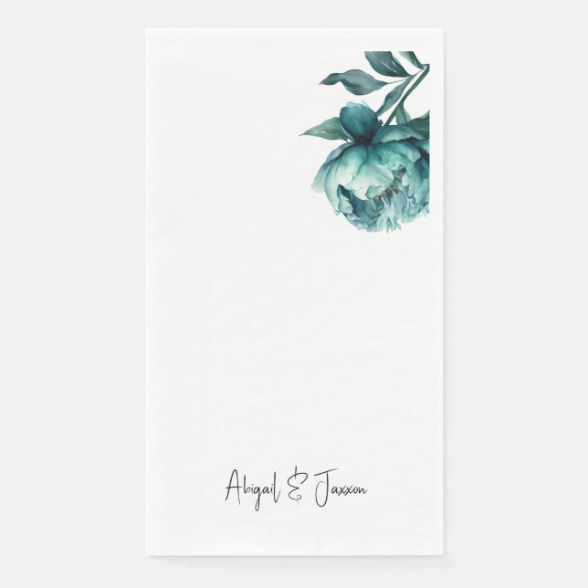 Teal Peony Personalised Names Wedding  Napkin (Front)