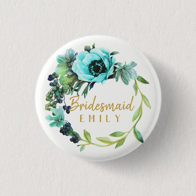 Teal Peony Wreath Bridesmaid Name ID456 3 Cm Round Badge (Front)