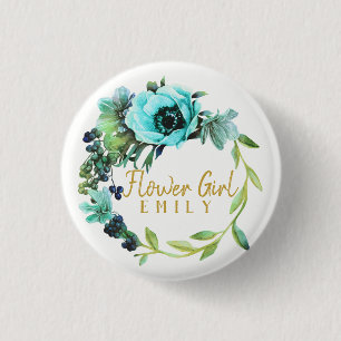 Teal Peony Wreath Flower Girl Name ID456 3 Cm Round Badge