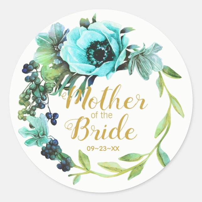 Teal Peony Wreath Mother of the Bride ID456 Classic Round Sticker (Front)