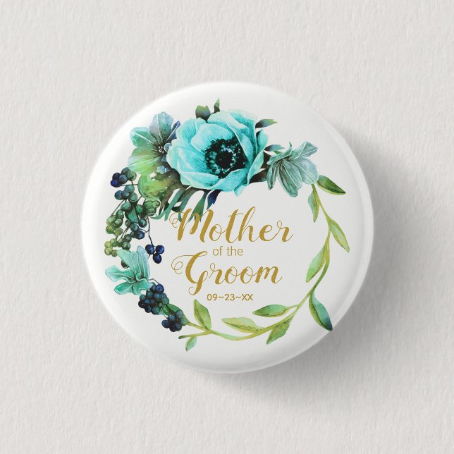 Teal Peony Wreath Mother of the Groom ID456 3 Cm Round Badge (Front)