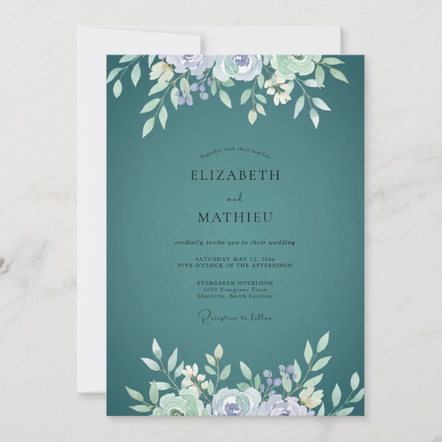 Teal Periwinkle Foliage Eucalyptus Wedding Invitation (Front)