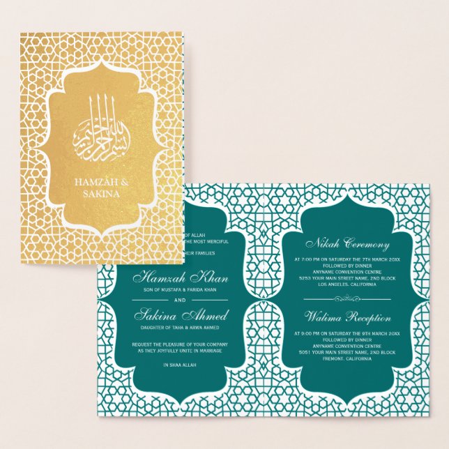 Teal Persian Gold Foil Muslim Wedding Invitation (Display)