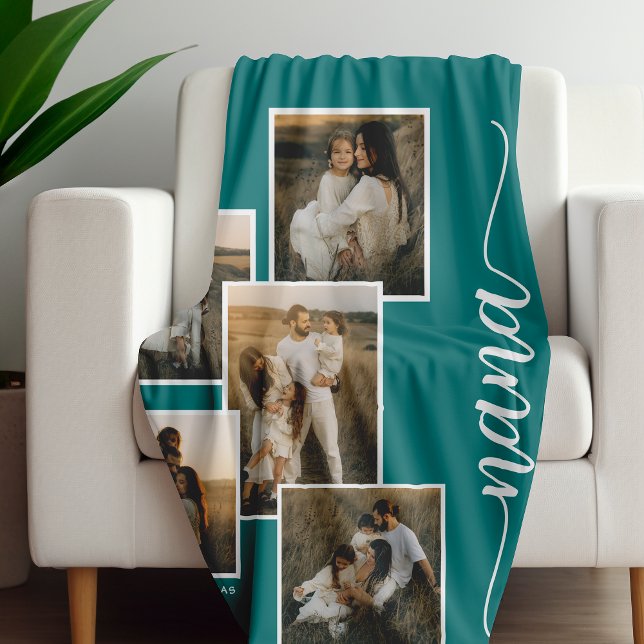 Teal Personalised Nana Grandkid 5 Photo Collage  Fleece Blanket (Creator Uploaded)