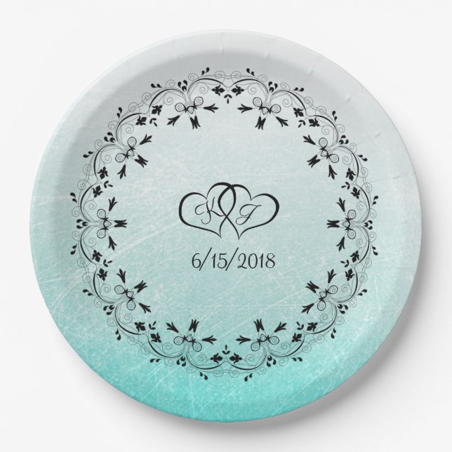 Teal Personalised Wedding Paper Plates (Front)