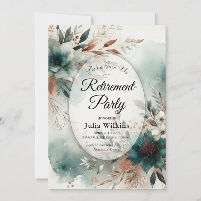 Teal Petals in Bronze Bloom Retirement Party Invitation (Front)