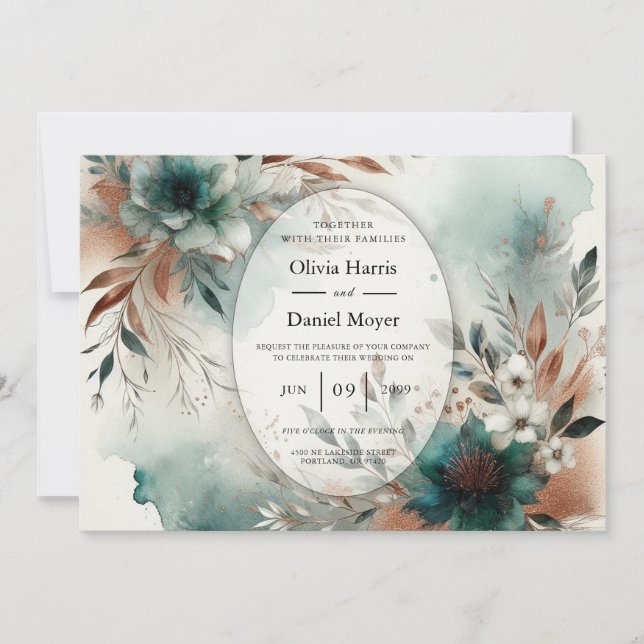 Teal Petals in Bronze Bloom Wedding Invitation (Front)