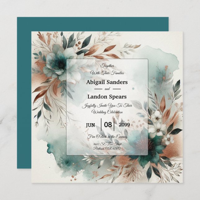 Teal Petals in Bronze Bloom Wedding Invitation (Front/Back)