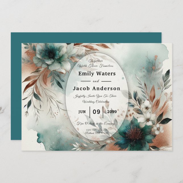 Teal Petals in Bronze Bloom Wedding Invitation (Front/Back)