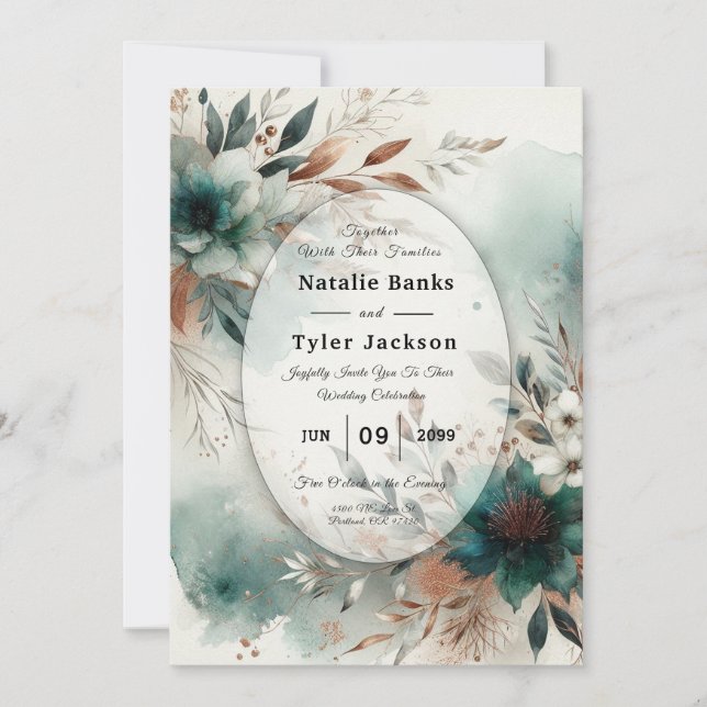 Teal Petals in Bronze Bloom Wedding Invitation (Front)