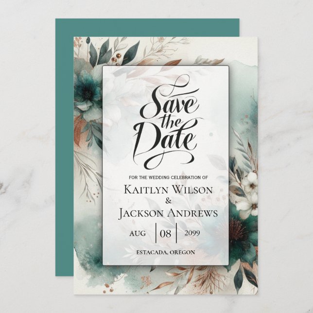 Teal Petals in Bronze Bloom Wedding Save The Date (Front/Back)