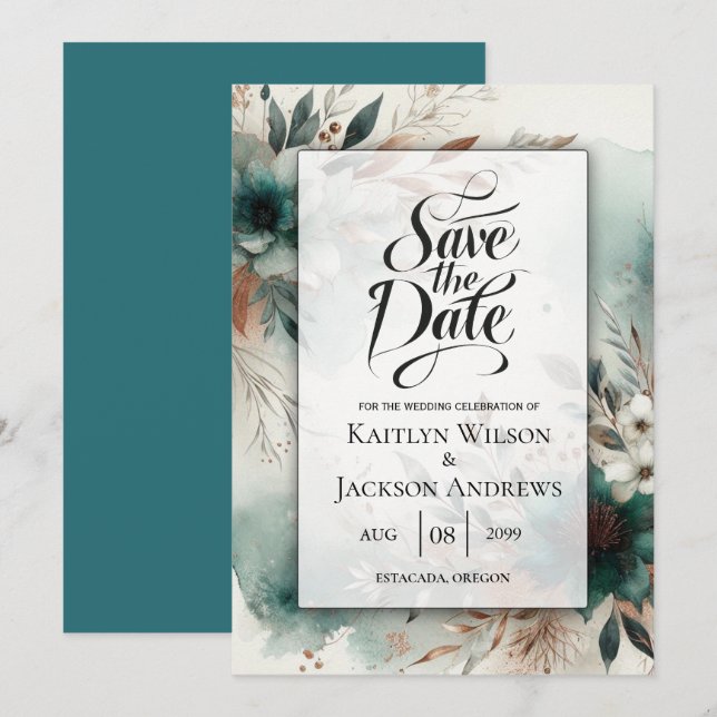 Teal Petals in Bronze Bloom Wedding Save The Date (Front/Back)