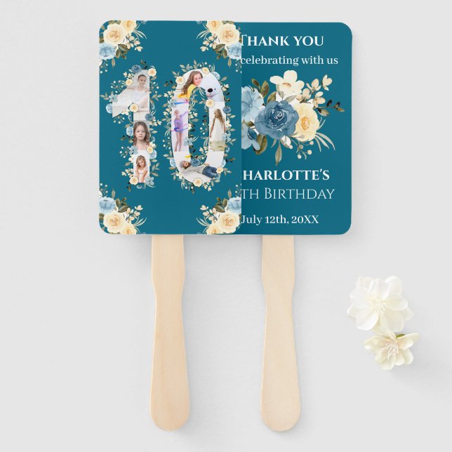 Teal Photo 10th Birthday Collage Yellow Flower Hand Fan (Front and Back)