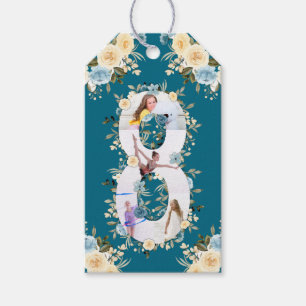 Teal Photo Collage 8th Birthday Blue Yellow Flower Gift Tags