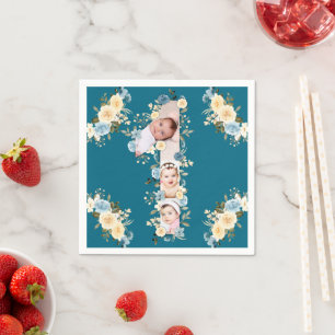Teal Photo Collage Blue Yellow Flower 1st Birthday Napkin