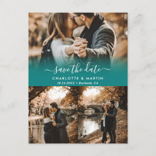 Teal Photo Collage Save The Date Postcards