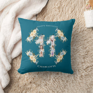 Teal Photo Collage Yellow Flower 11th Birthday Cushion
