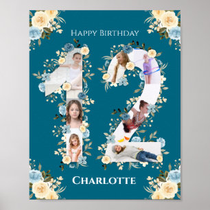 Teal Photo Collage Yellow Flower 12th Birthday Poster