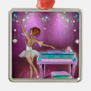 Teal Piano Pink Painted Background & Ballerina Metal Ornament