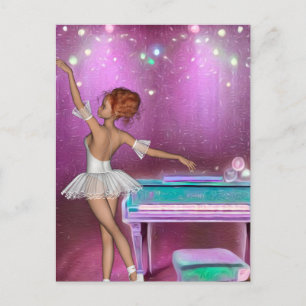 Teal Piano Pink Painted Background & Ballerina Postcard