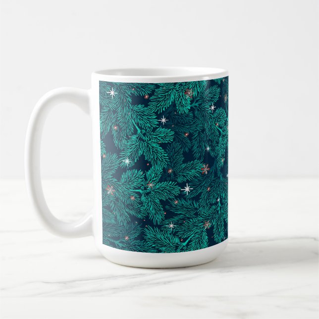 Teal Pine Branches With White Snowflakes Coffee Mug (Left)