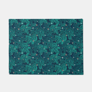 Teal Pine Branches With White Snowflakes Doormat