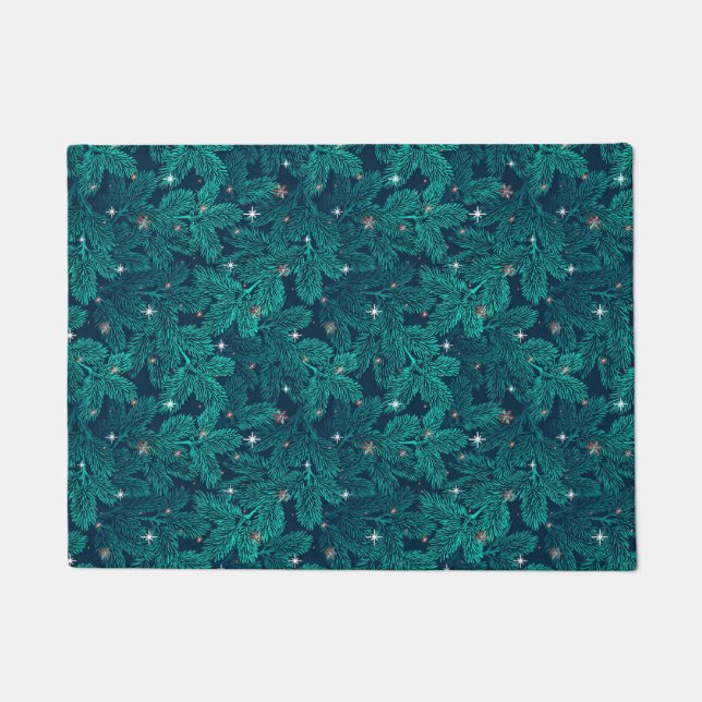 Teal Pine Branches With White Snowflakes Doormat (Front)