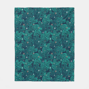 Teal Pine Branches With White Snowflakes Fleece Blanket