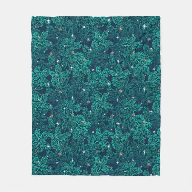 Teal Pine Branches With White Snowflakes Fleece Blanket (Front)