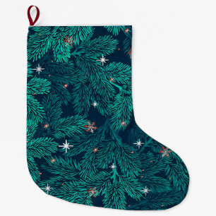 Teal Pine Branches With White Snowflakes Large Christmas Stocking