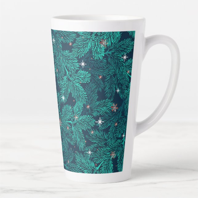 Teal Pine Branches With White Snowflakes Latte Mug (Right)