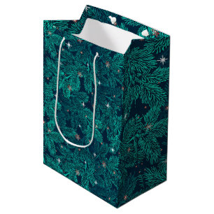 Teal Pine Branches With White Snowflakes Medium Gift Bag