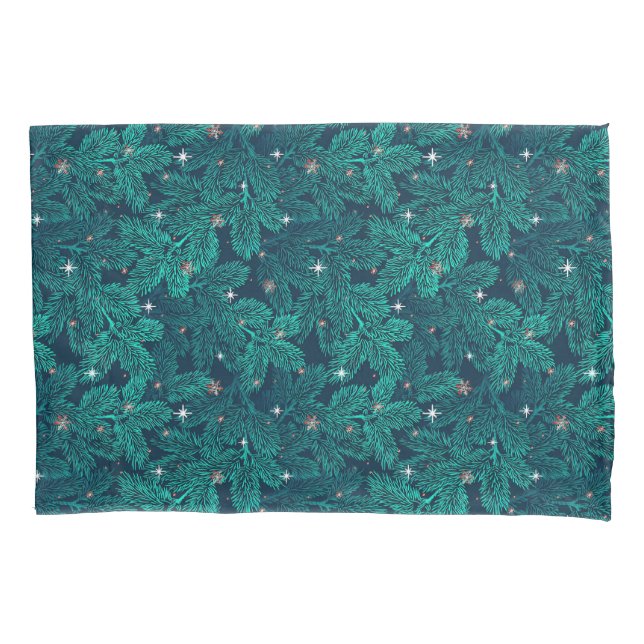 Teal Pine Branches With White Snowflakes Pillowcase (Front)