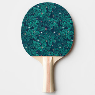 Teal Pine Branches With White Snowflakes Ping Pong Paddle