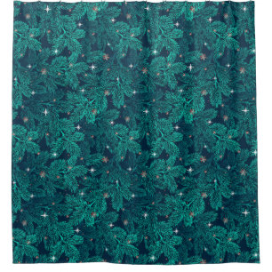 Teal Pine Branches With White Snowflakes Shower Curtain