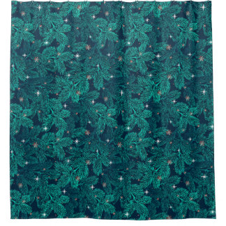 Teal Pine Branches With White Snowflakes Shower Curtain