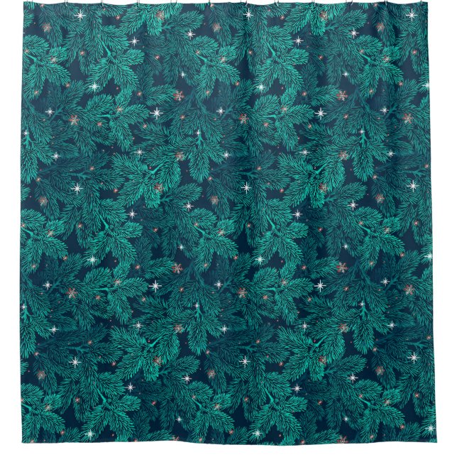 Teal Pine Branches With White Snowflakes Shower Curtain (Front)
