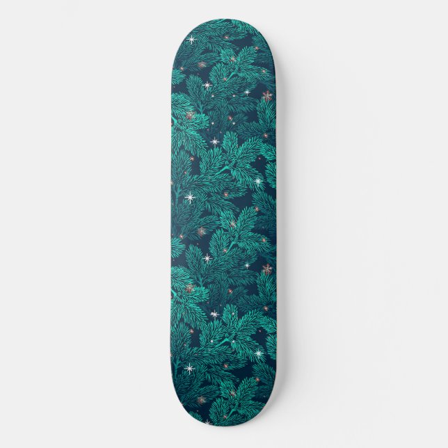 Teal Pine Branches With White Snowflakes Skateboard (Front)