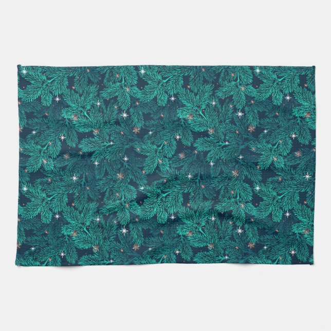 Teal Pine Branches With White Snowflakes Tea Towel (Horizontal)