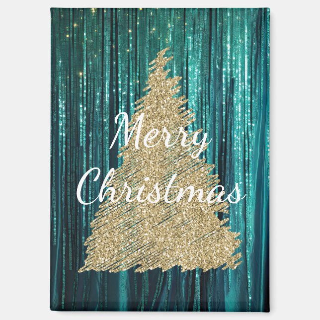 Teal Pine Green Tinsel Gold Christmas Tree Magnet (Front)