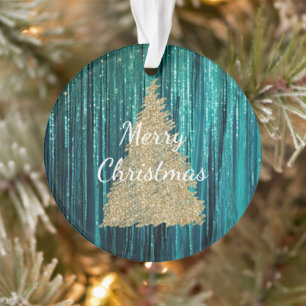Teal Pine Green Tinsel Gold Christmas Tree Ornament